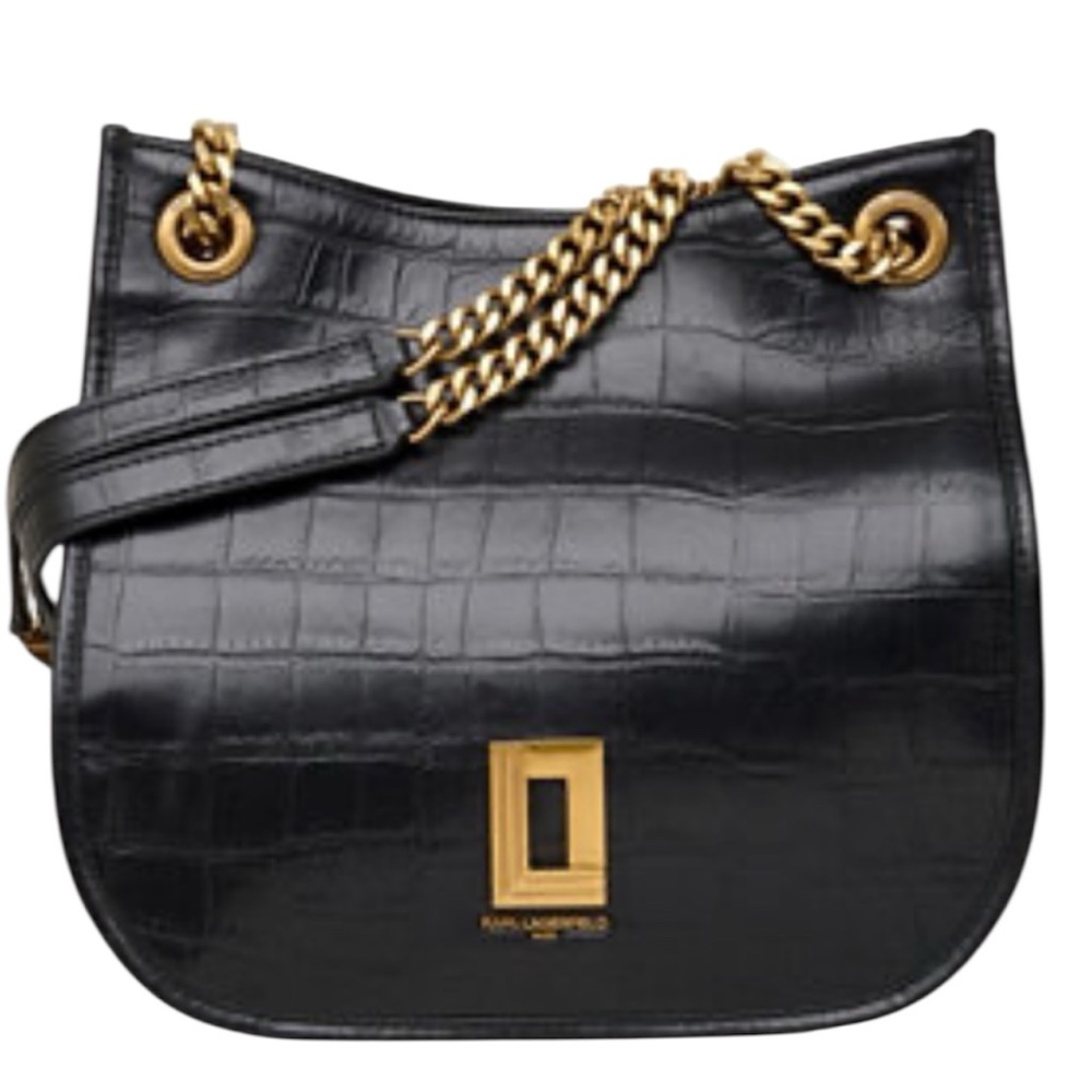 Karl Lagerfeld Paris Black Croc-Embossed Leather gold chain strap hobo bag - Picture 16 of 16